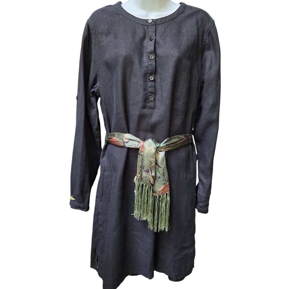 Garnet Hill Womens 100% Linen Henley Long Sleeve Shift Midi Dress Charcoal 12